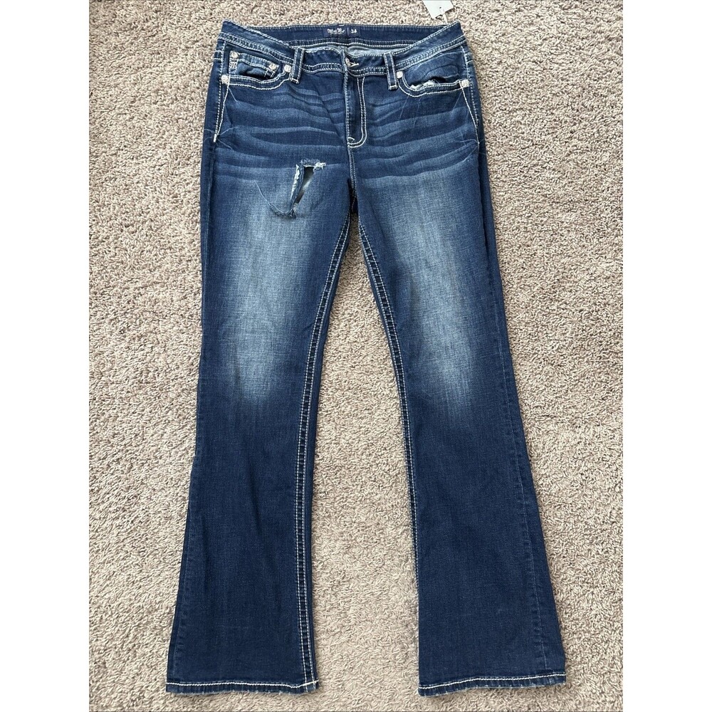 Miss Me Crystal Feather Wing Faux Flap Pocket Mid-Rise Boot Size Jeans 34 x33